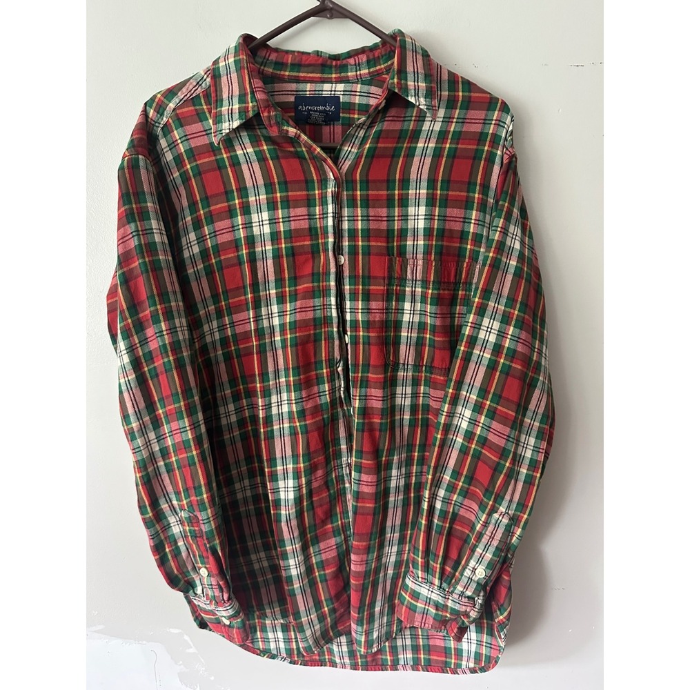Vintage Abercrombie Field Valley Meadow Plaid Flannel Shirt Red Green Mens M
